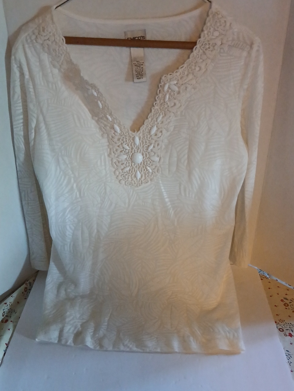 Chico's Cream V-Neck Crochet Trim Long-Sleeve Blouse